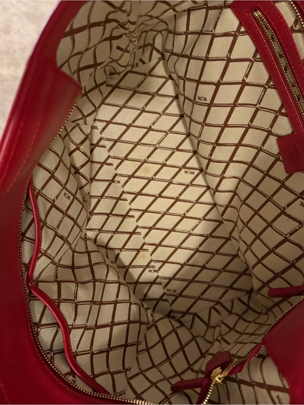 MCM Red Logo Visetos Shopper Tote with Gold Plaque